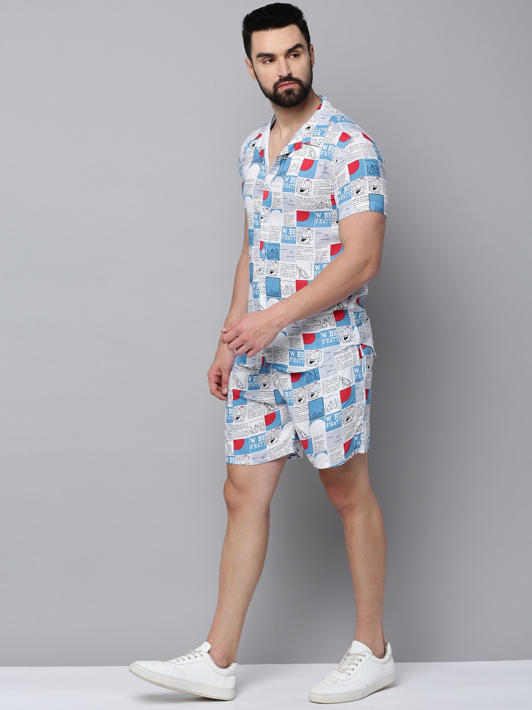 SHOWOFF Men's Shirt Collar Short Sleeves Printed White Co-Ords Set