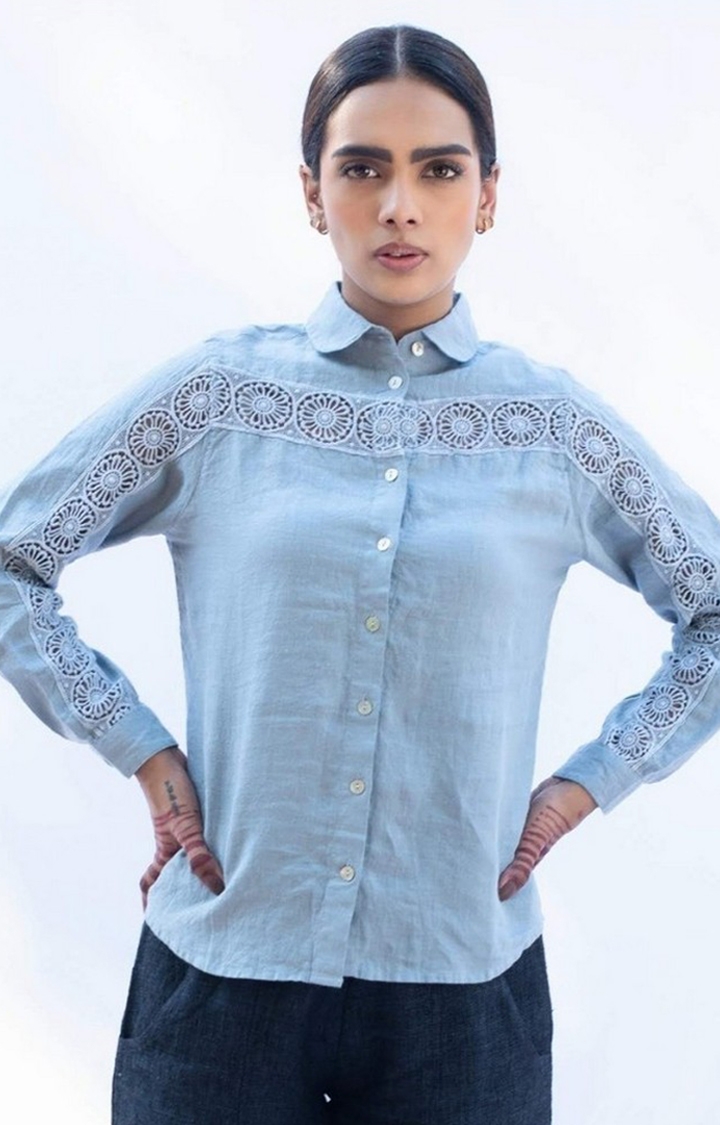 INGINIOUS Clothing Co. | Women's Blue Linen Lace Casual Shirt
