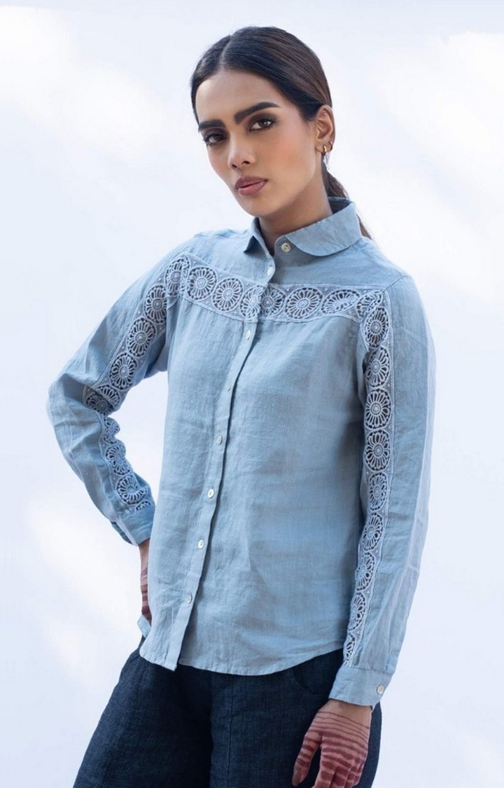 Women's Blue Linen Lace Casual Shirt