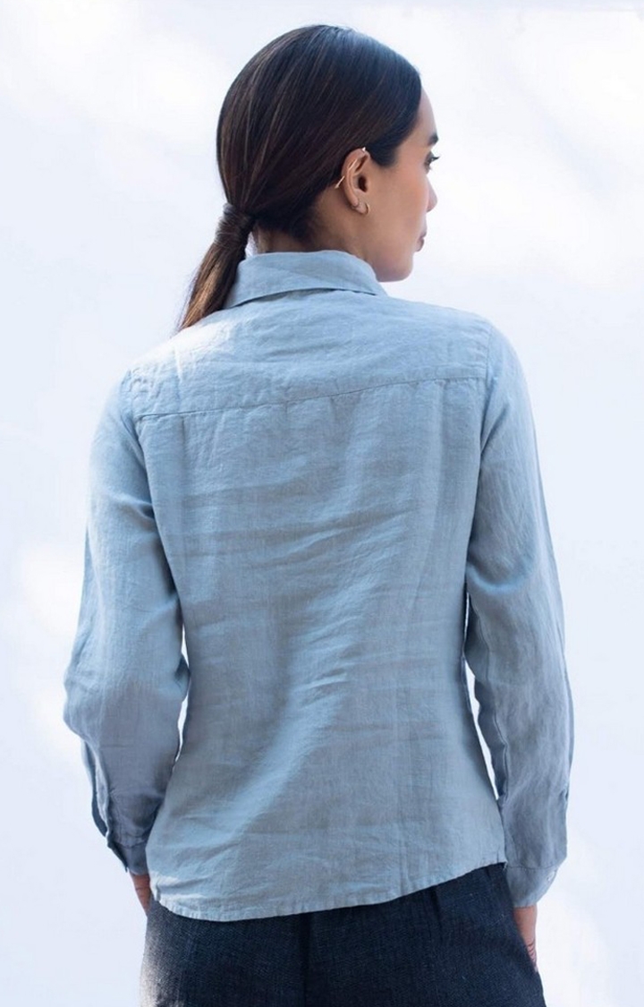 Women's Blue Linen Lace Casual Shirt