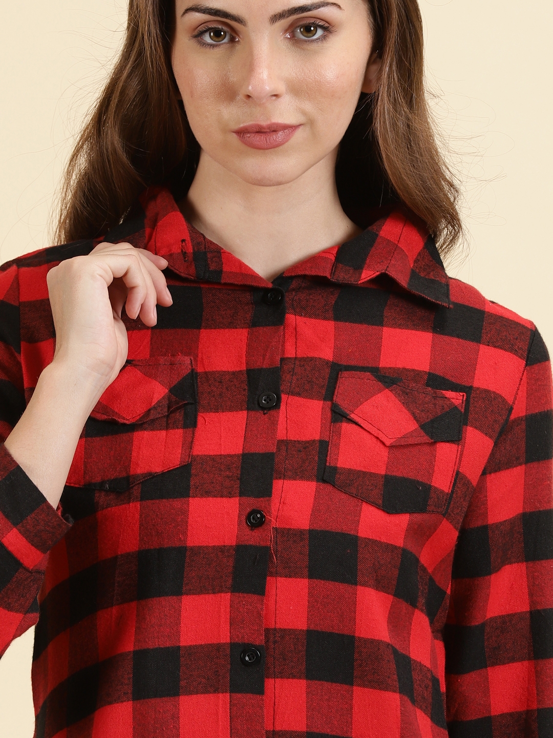 Showoff | SHOWOFF Women's Spread Collar Checked Red Longline Shirt 5