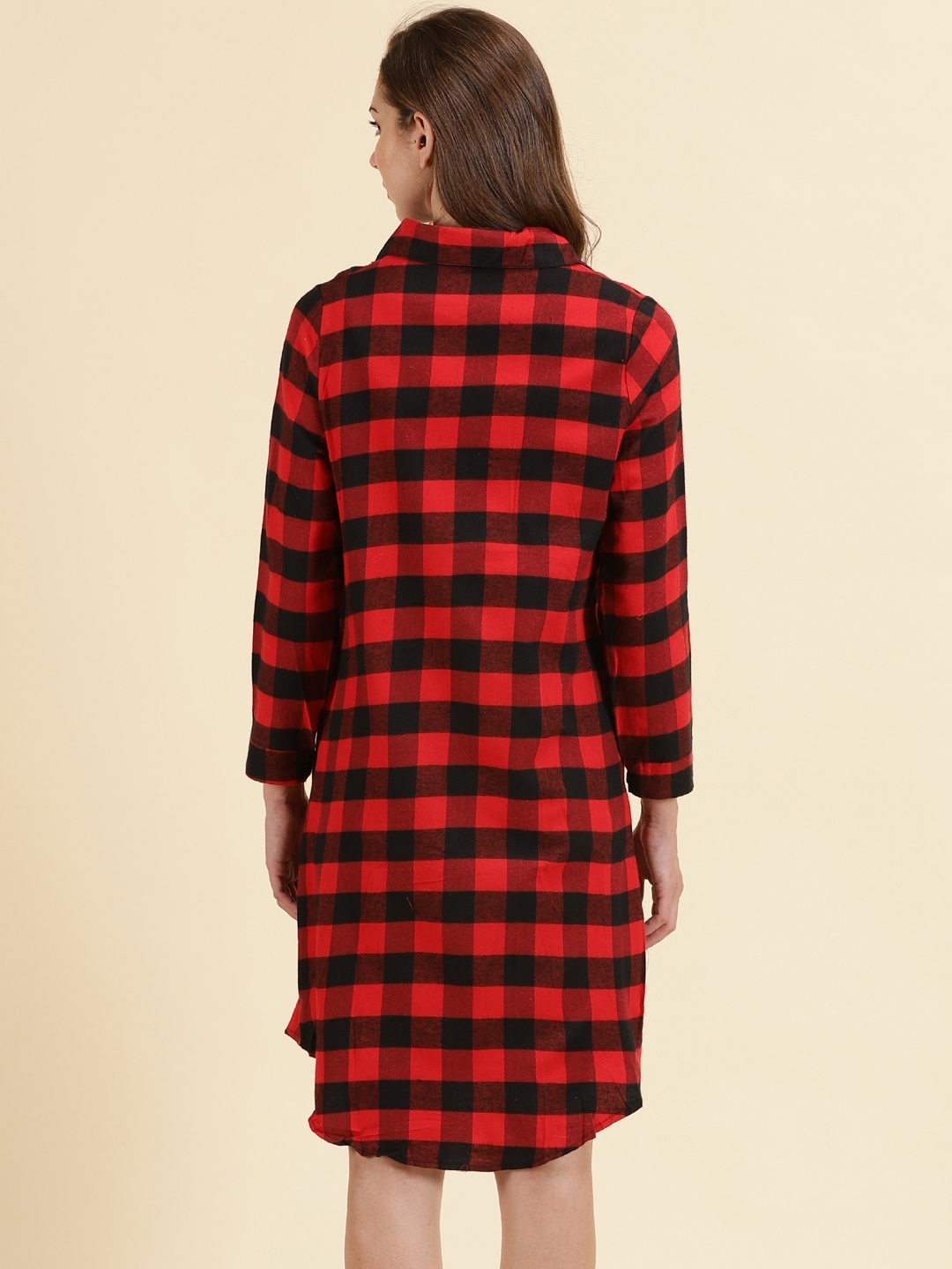 Showoff | SHOWOFF Women's Spread Collar Checked Red Longline Shirt 3