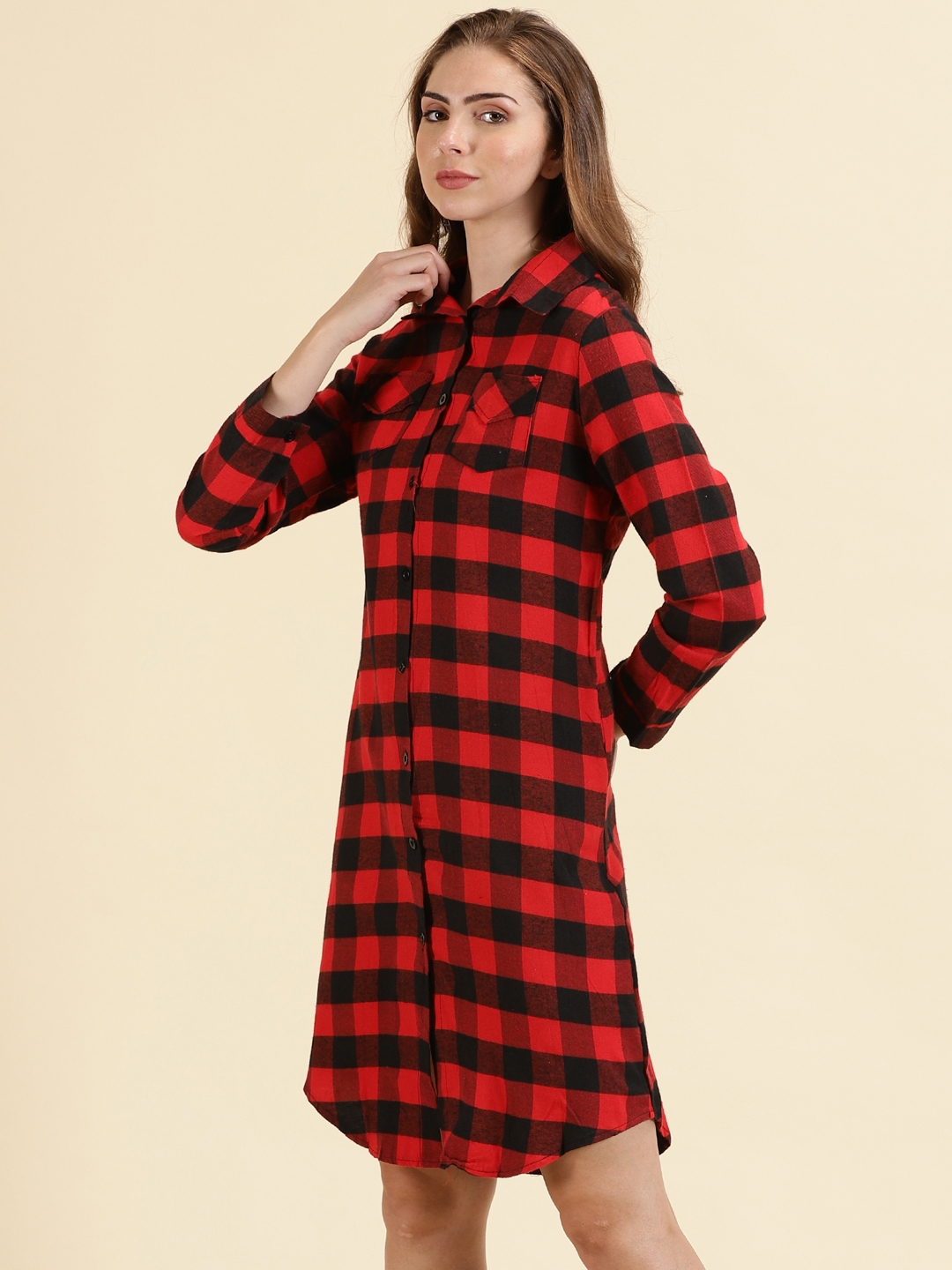 Showoff | SHOWOFF Women's Spread Collar Checked Red Longline Shirt 2