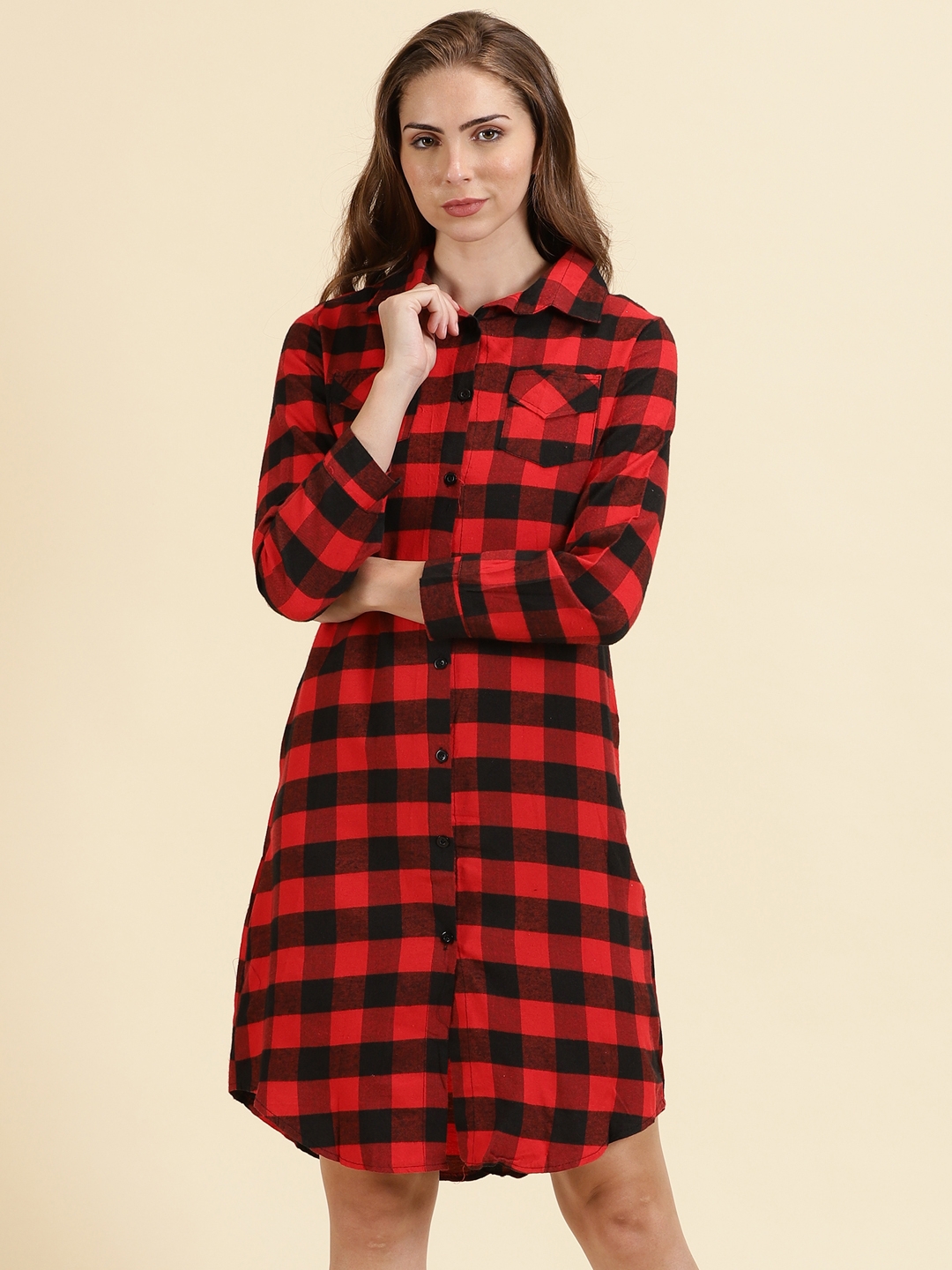 Showoff | SHOWOFF Women's Spread Collar Checked Red Longline Shirt 1