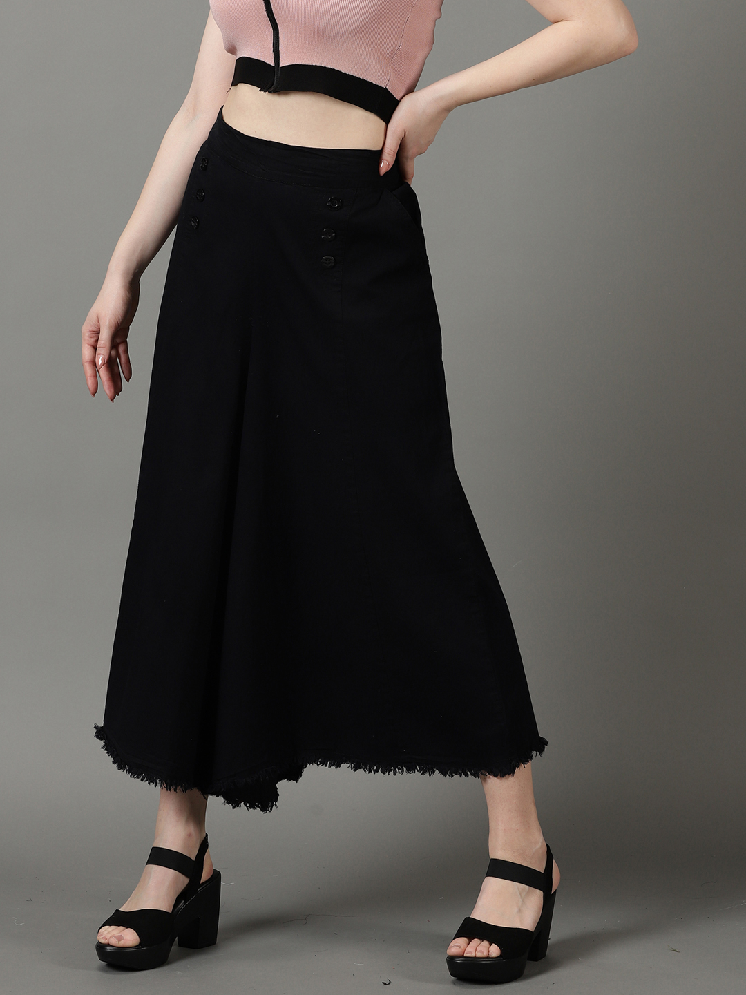 SHOWOFF Women's Solid Flat-Front Flared Black Trouser