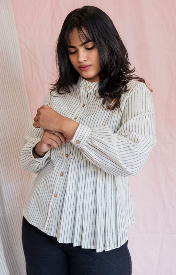 INGINIOUS Clothing Co. | Women's White and Blue Cotton Striped Casual Shirt 1