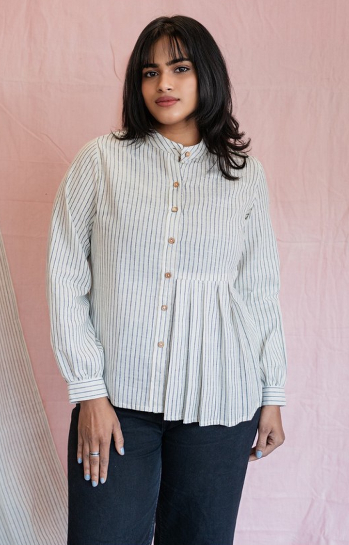 INGINIOUS Clothing Co. | Women's White and Blue Cotton Striped Casual Shirt 0