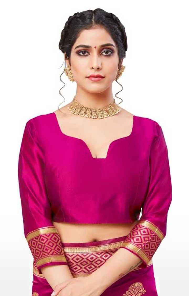Glemora | Glemora Pink Lichi Cotton Aneri Saree With Unstitched Blouse 4