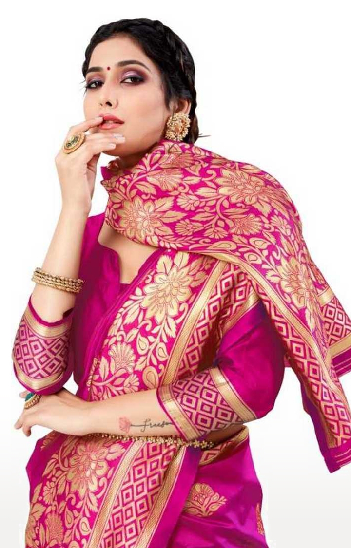 Glemora | Glemora Pink Lichi Cotton Aneri Saree With Unstitched Blouse 3