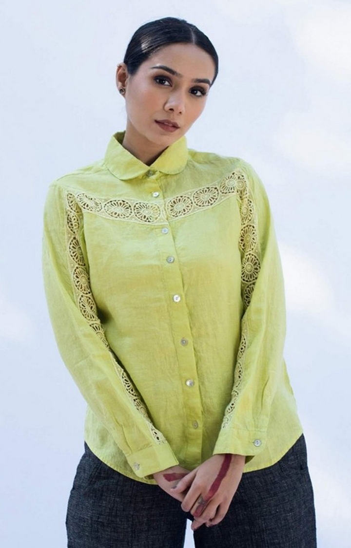 Women's Green Linen Lace Casual Shirt