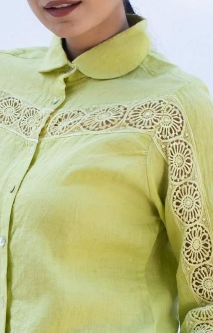 Women's Green Linen Lace Casual Shirt