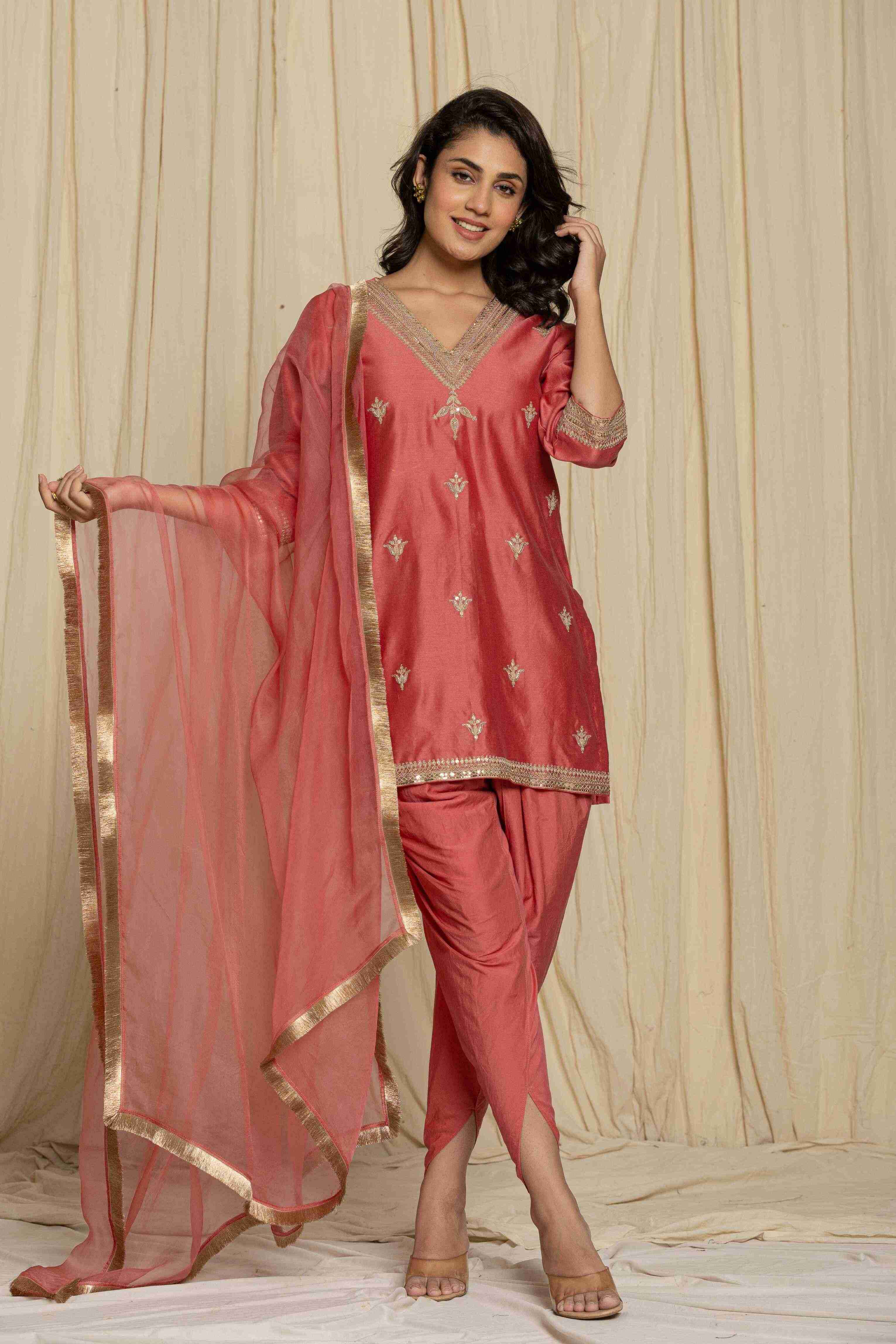 Rust kurta with handwork and tulip pants