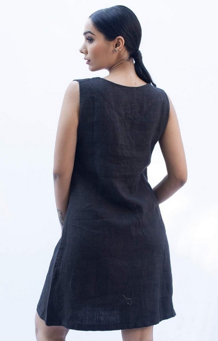 Women's Navy Linen Solid Shift Dress