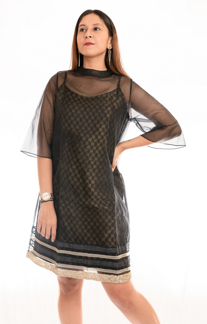 Women's Black Blended Embellished Fit & Flare Dress