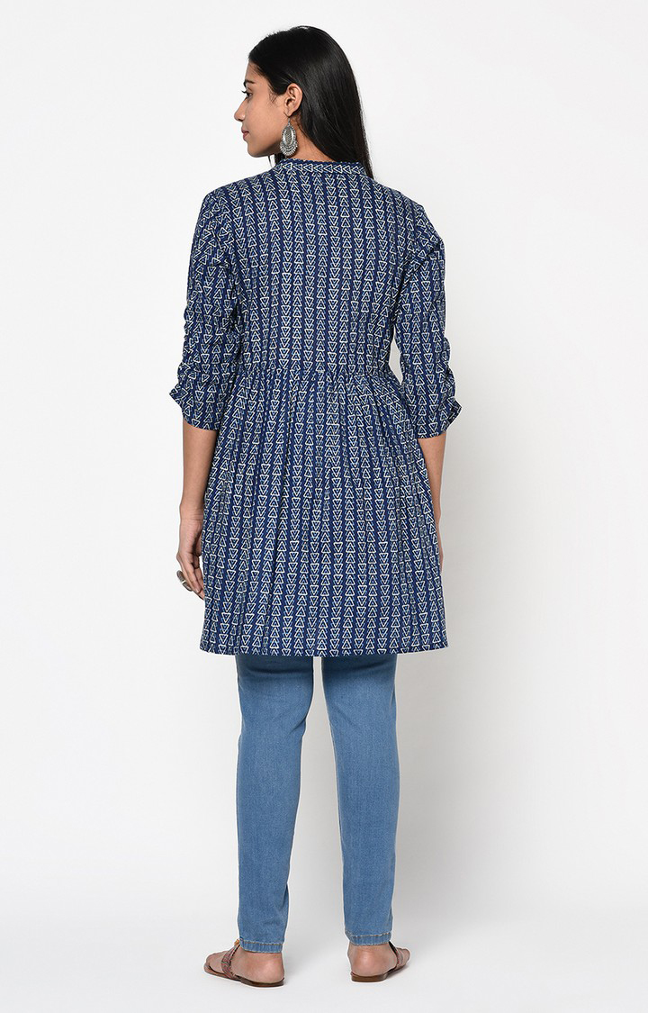 Navy Blue Mandarin Neck Printed Tunic