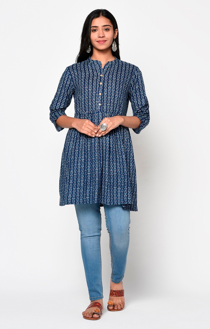 Navy Blue Mandarin Neck Printed Tunic