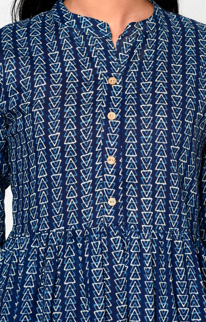 Navy Blue Mandarin Neck Printed Tunic
