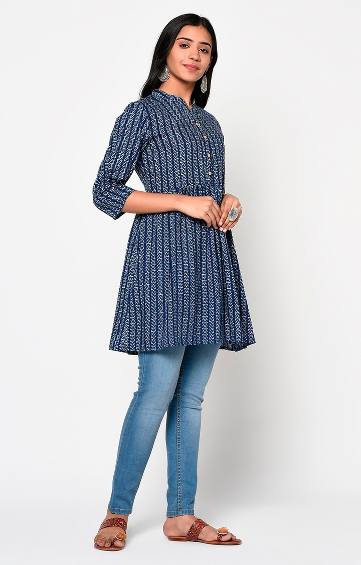 Navy Blue Mandarin Neck Printed Tunic