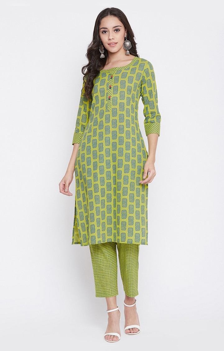 Antaran Women Green Ethnic Motifs Printed Regular Pure Cotton Kurta With Pant