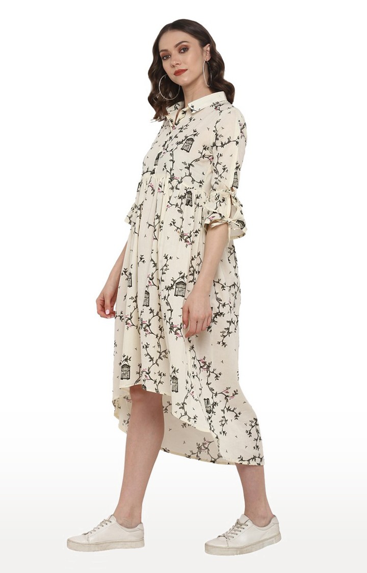 Beige Bell Sleeved Gathered Detail High Low Dress