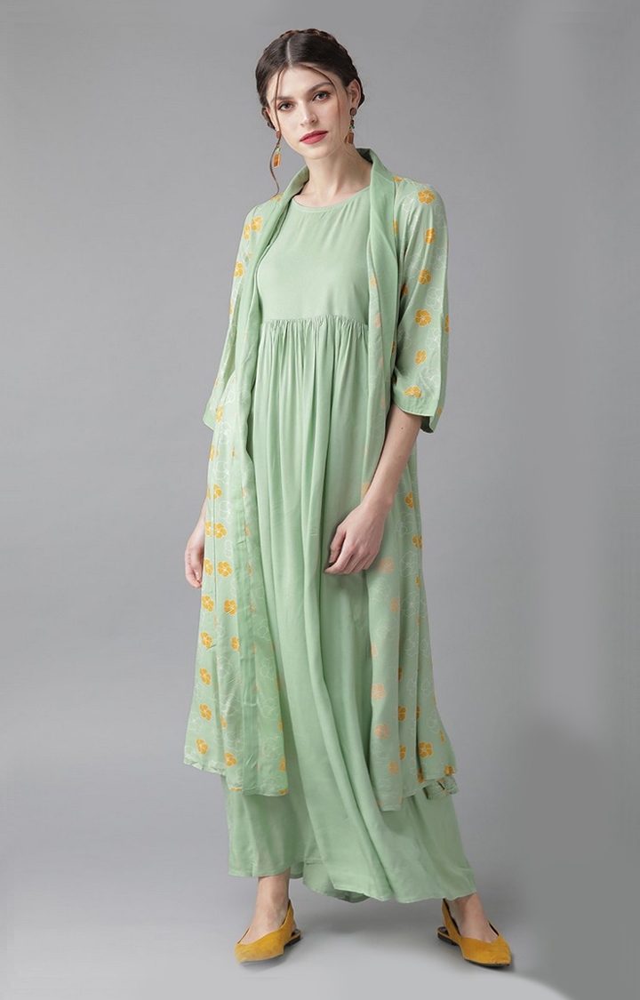 ANTARAN | Women Green And Mustard Floral Layered Maxi Dress 1