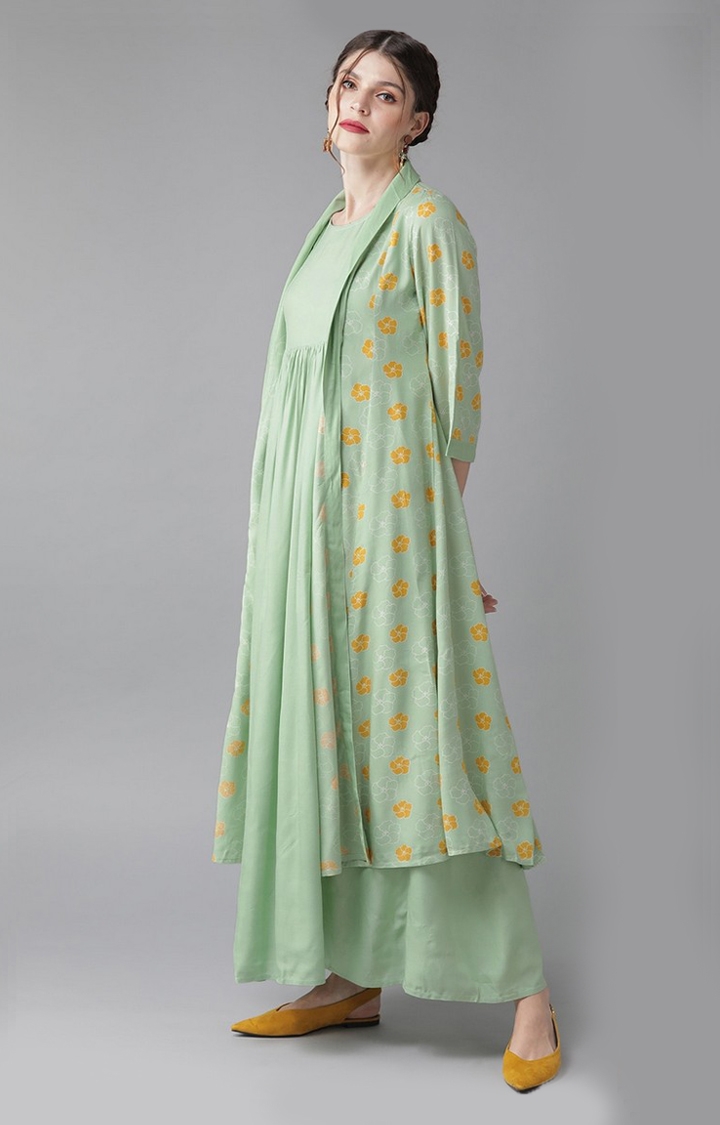 ANTARAN | Women Green And Mustard Floral Layered Maxi Dress 2