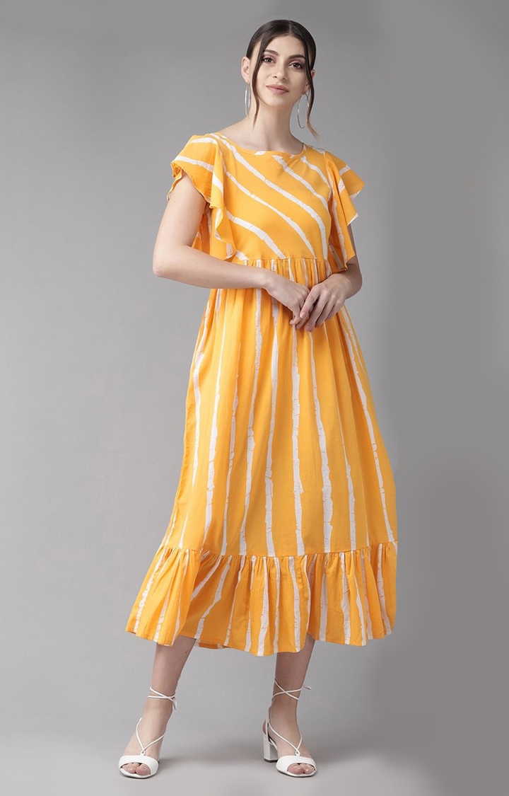 ANTARAN | Women Mustard Yellow And White Striped Tiered Dress 0