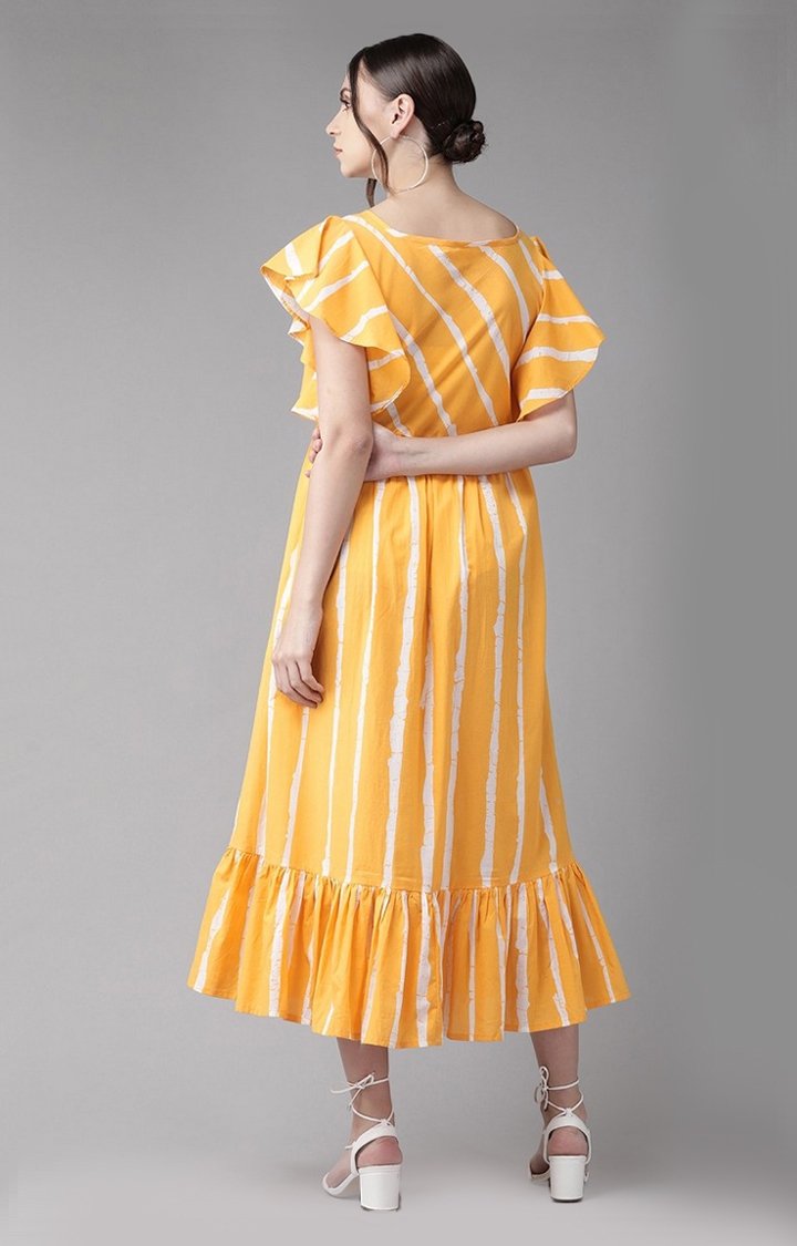 ANTARAN | Women Mustard Yellow And White Striped Tiered Dress 2