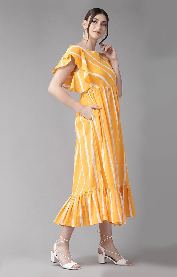 ANTARAN | Women Mustard Yellow And White Striped Tiered Dress 1