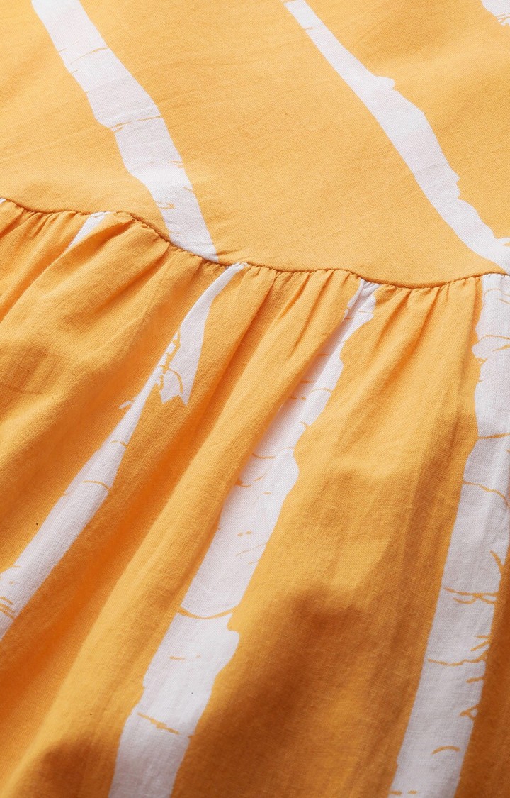 ANTARAN | Women Mustard Yellow And White Striped Tiered Dress 3