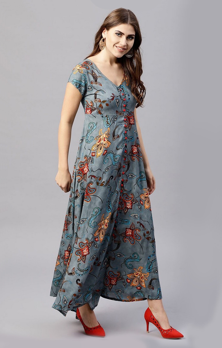 ANTARAN | Women Grey Floral Maxi Dress 0