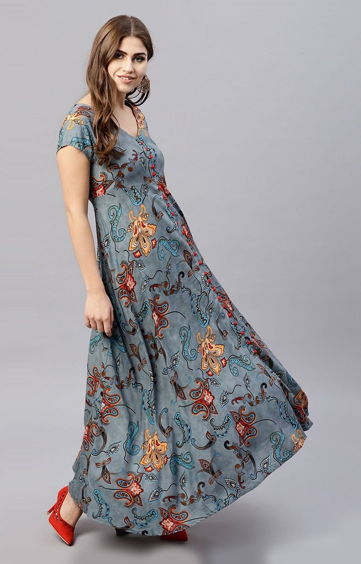 ANTARAN | Women Grey Floral Maxi Dress 2