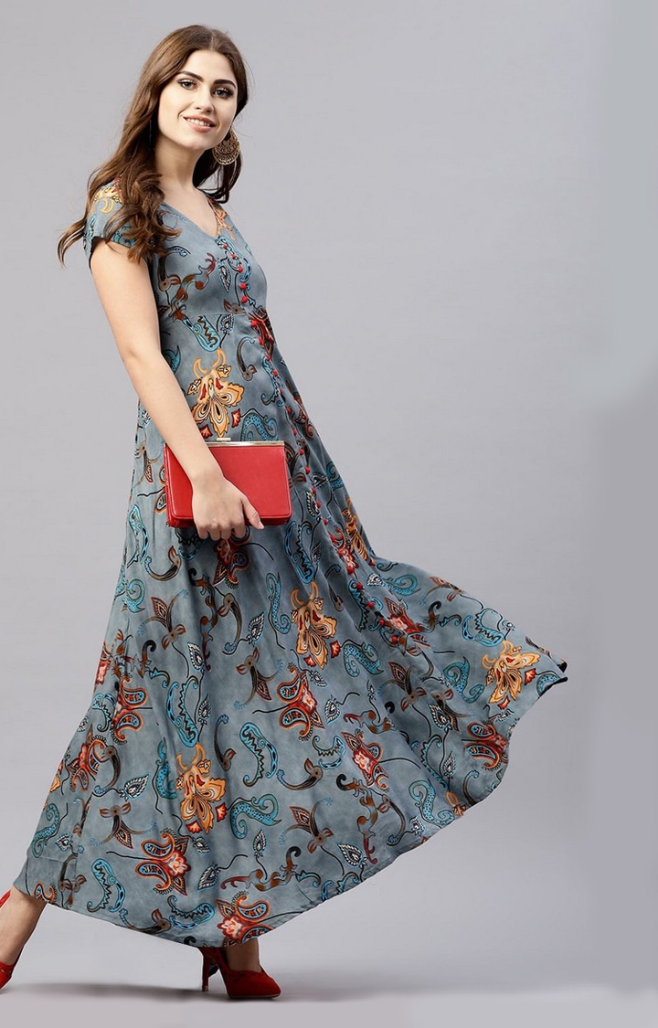ANTARAN | Women Grey Floral Maxi Dress 1