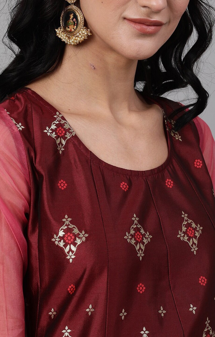 ANTARAN | Maroon And Gold Zari Jacquard Design Ethnic Gowns 3