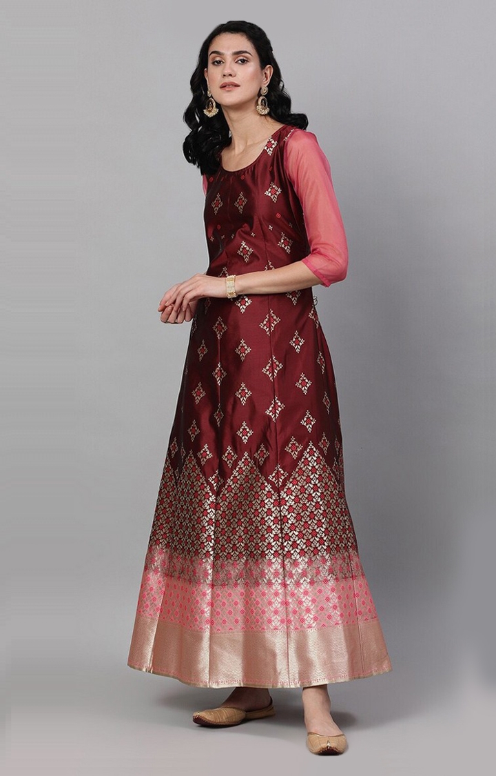 ANTARAN | Maroon And Gold Zari Jacquard Design Ethnic Gowns 1