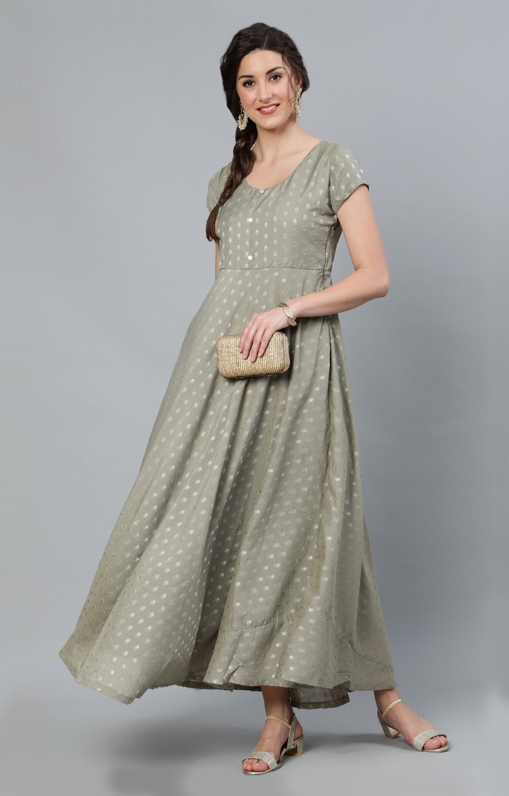 ANTARAN | Grey Dobby Golden Zari Work Flared Maxi Dress 1