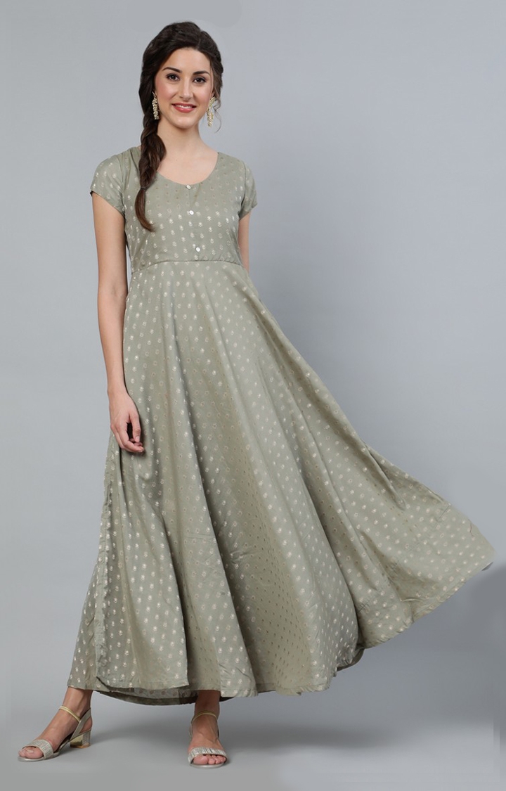 ANTARAN | Grey Dobby Golden Zari Work Flared Maxi Dress 0