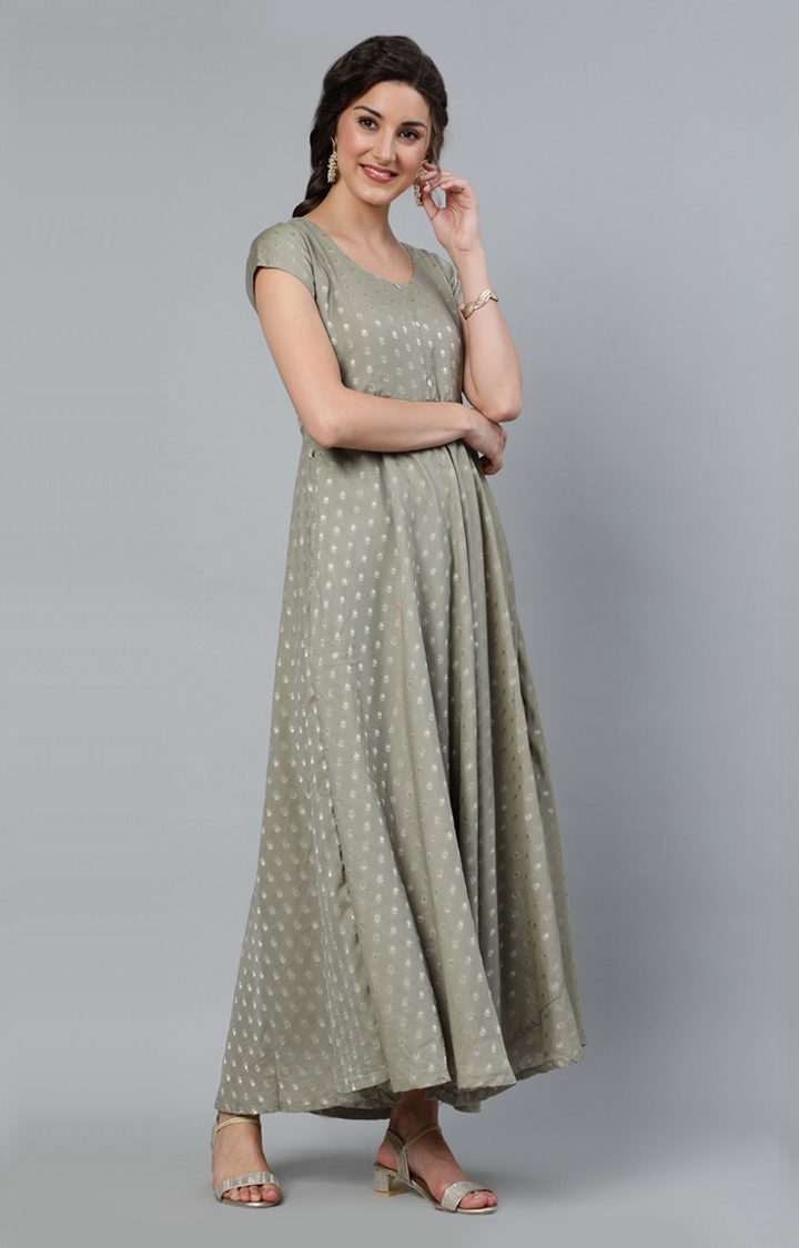 ANTARAN | Grey Dobby Golden Zari Work Flared Maxi Dress 3
