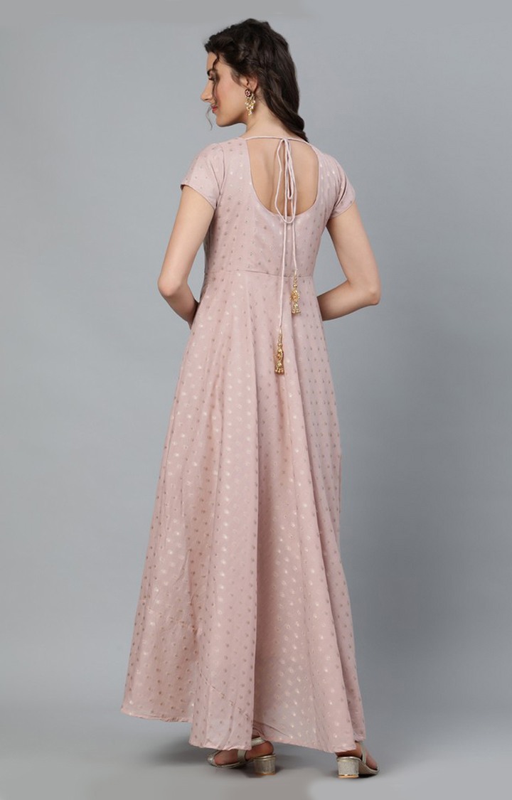 Nude Dobby Golden Zari Work Flared Maxi
