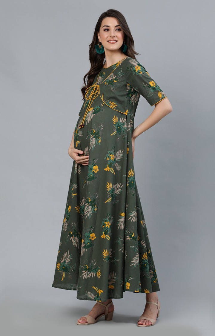 Green And Yellow Floral Printed Maternity Maxi Dress