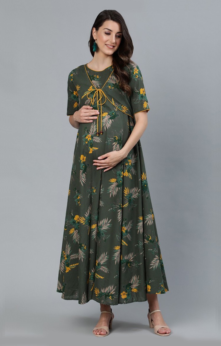 Green And Yellow Floral Printed Maternity Maxi Dress