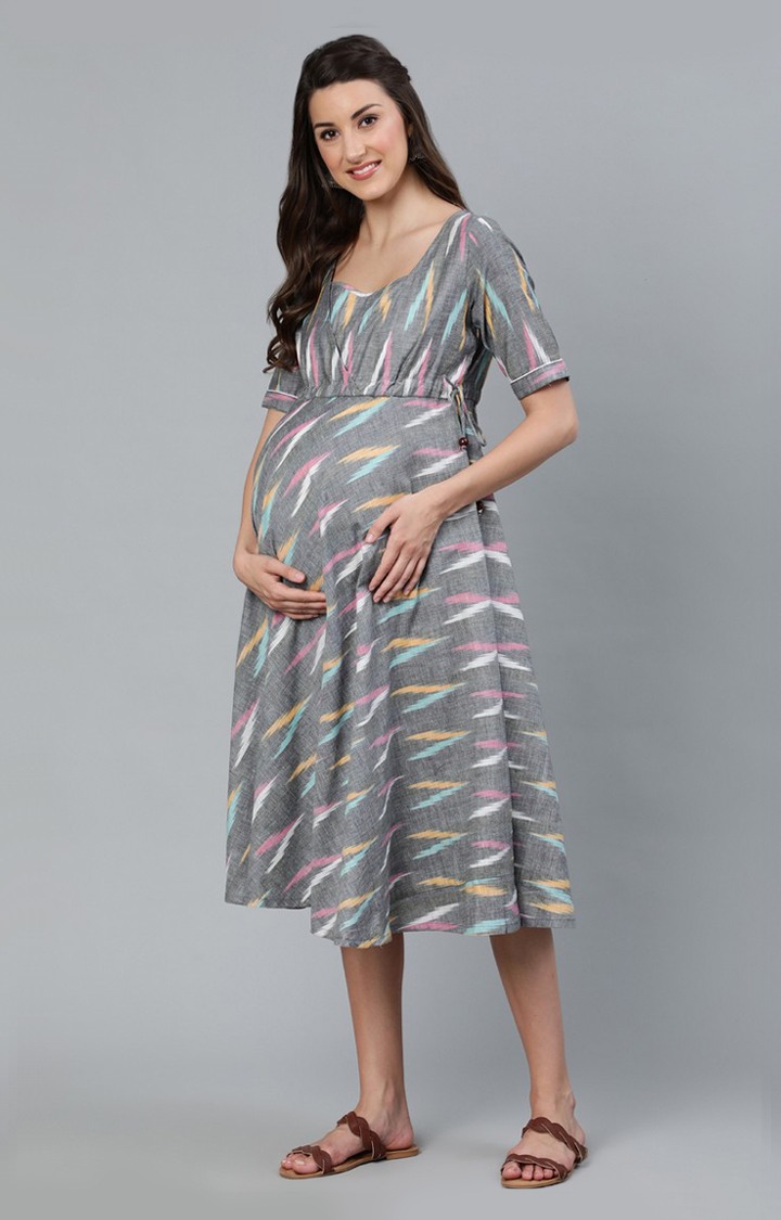 Grey Ikat Woven Design Maternity Dress