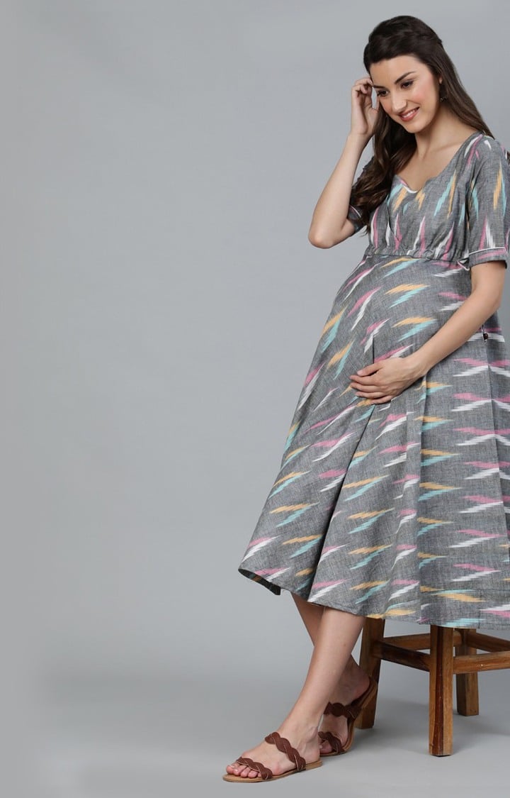 Grey Ikat Woven Design Maternity Dress