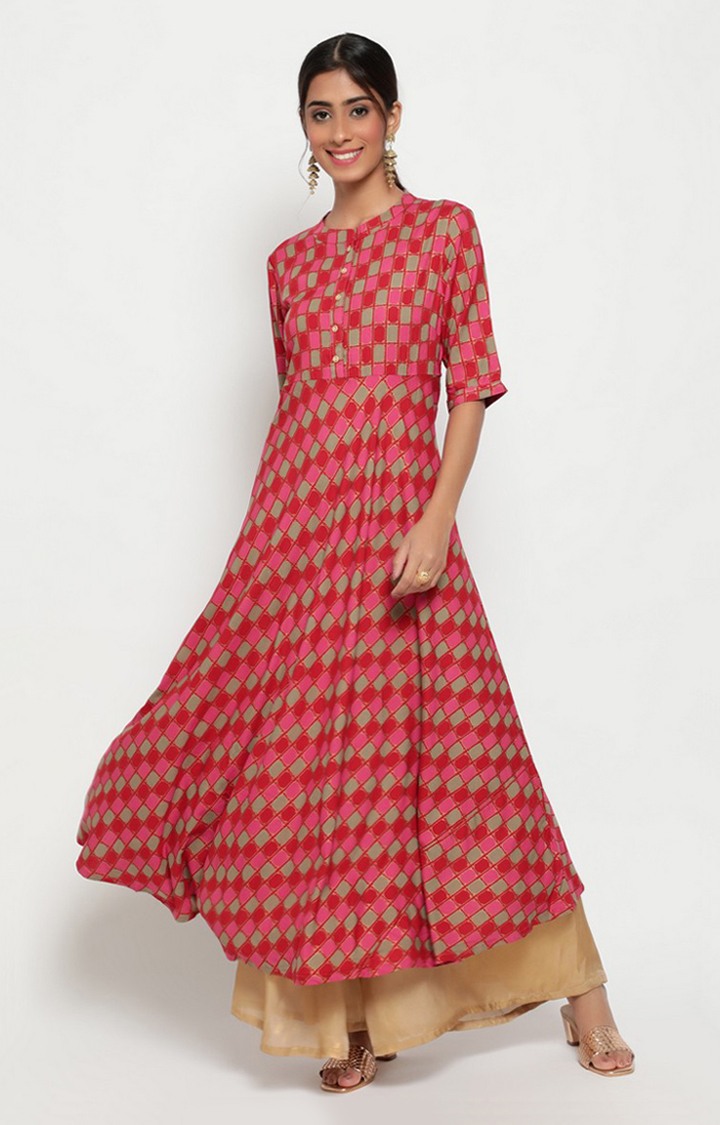 Red Checked Flared Anarkali