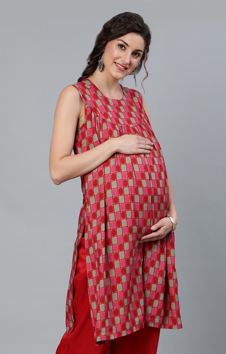 ANTARAN | Red and Gold Checked Maternity Kurtas 2