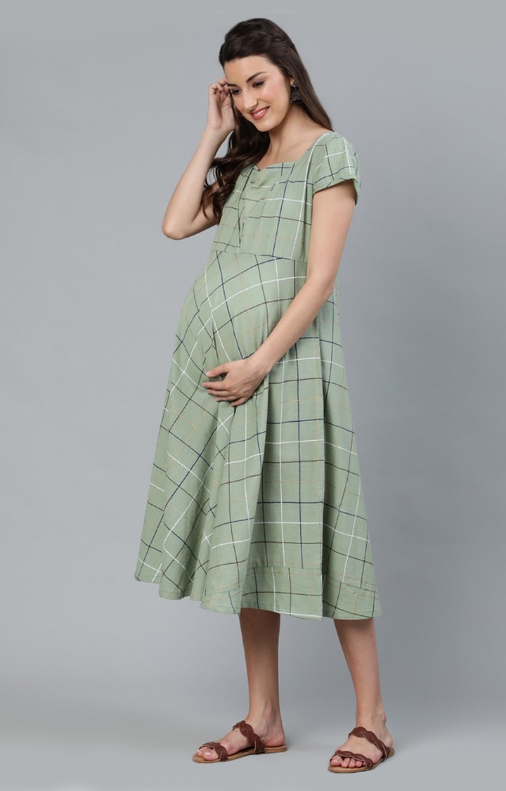 ANTARAN | Green Checked Maternity Dress 1