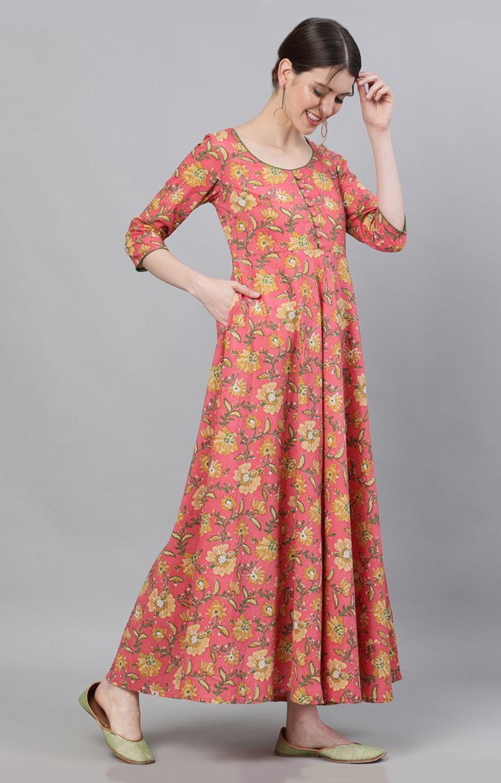 ANTARAN | Pink Floral Printed Flared Maxi Dress 3