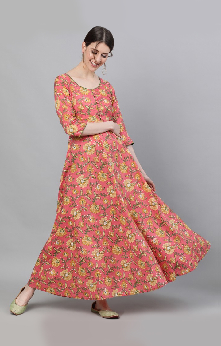 ANTARAN | Pink Floral Printed Flared Maxi Dress 0