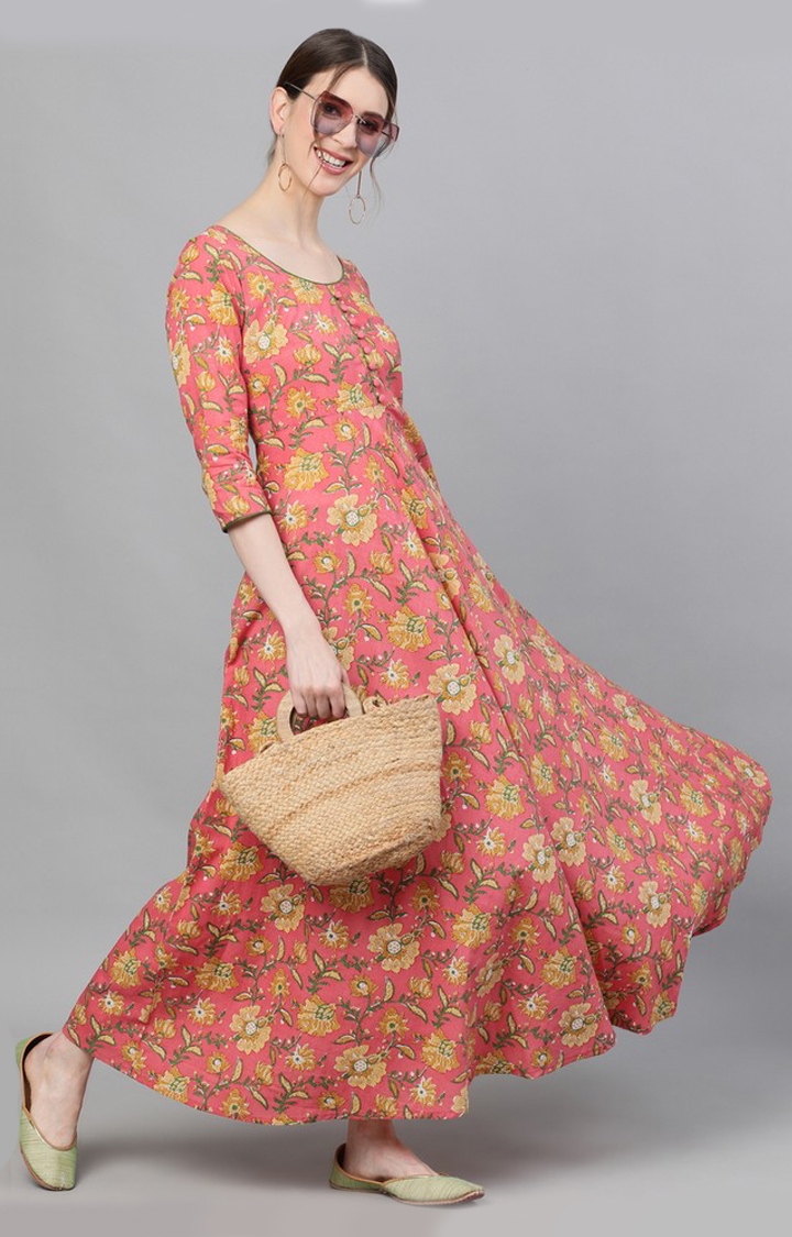ANTARAN | Pink Floral Printed Flared Maxi Dress 1