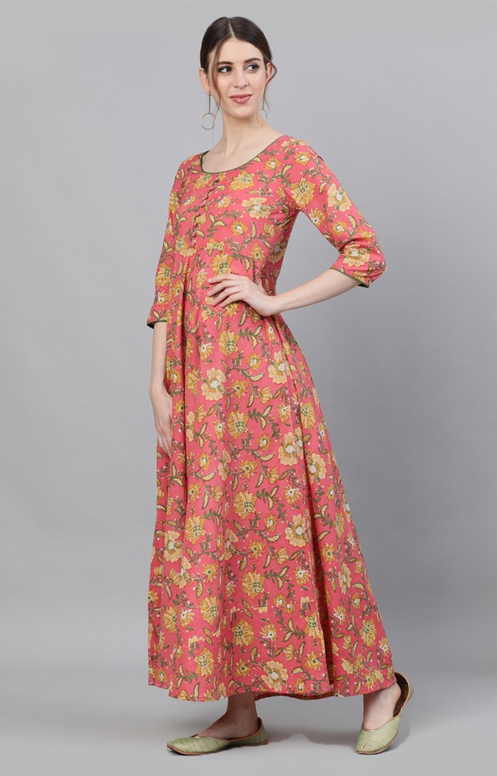 ANTARAN | Pink Floral Printed Flared Maxi Dress 2